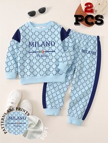 SHEIN 2 Random PCS: Baby Boy Autumn 2pcs Outfits Casual Striped Letter Print Long Sleeve Sweatshirt Jogger Pants Co-Ords Fall Back To School Sporty Clothes - Multicolor - View 4