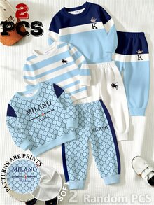 SHEIN 2 Random PCS: Baby Boy Autumn 2pcs Outfits Casual Striped Letter Print Long Sleeve Sweatshirt Jogger Pants Co-Ords Fall Back To School Sporty Clothes - Multicolor - View 1