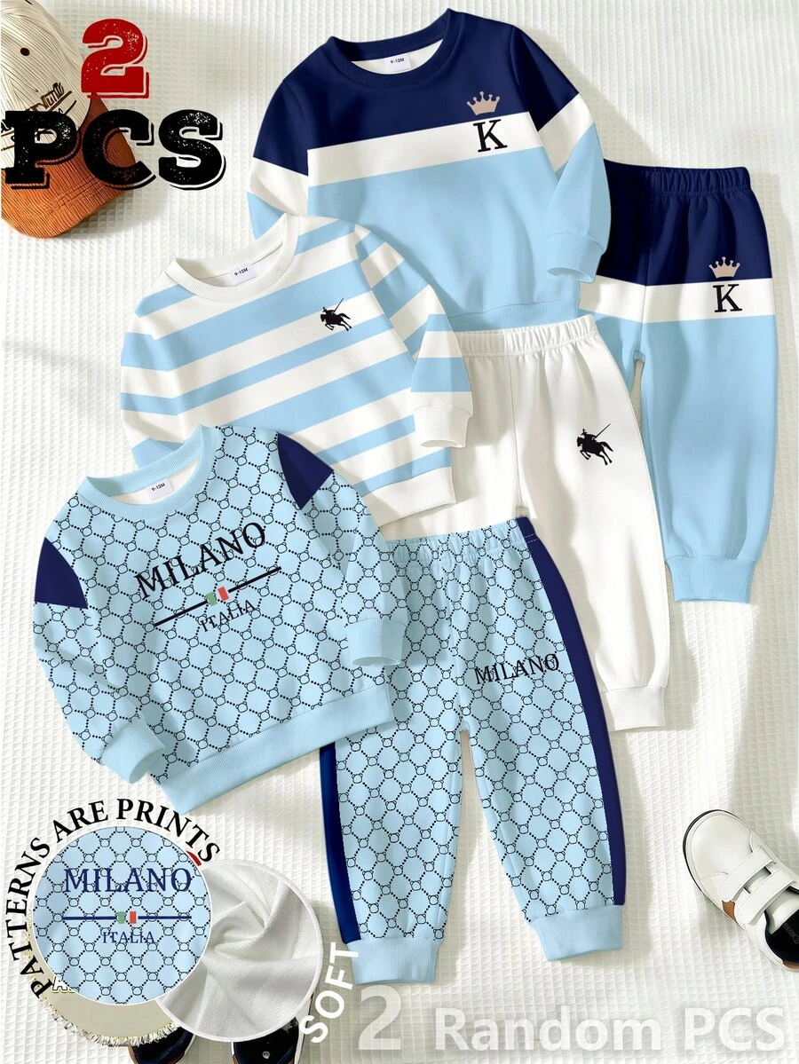 SHEIN 2 Random PCS: Baby Boy Autumn 2pcs Outfits Casual Striped Letter Print Long Sleeve Sweatshirt Jogger Pants Co-Ords Fall Back To School Sporty Clothes - Multicolor - View 1