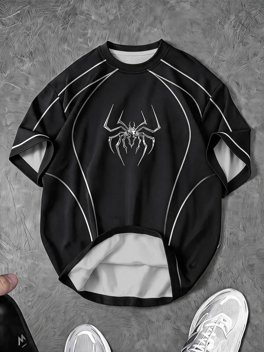 Sport MetroGents Kaos Olahraga Lengan Pendek Pria Motif Laba-laba, untuk Gym - Hitam - View 1