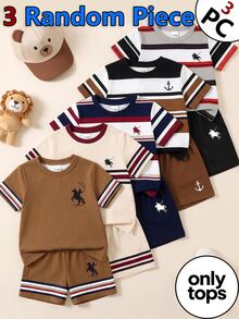 2 Random Pcs Baby Boys New Fashion Comfortable Minimalist Striped Print Short Sleeve, Design Logo Print Top, Spring/Summer Style, Summer Style - White - View 1