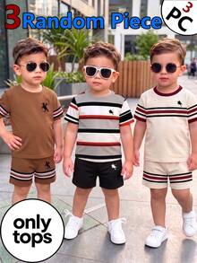 2 Random Pcs Baby Boys New Fashion Comfortable Minimalist Striped Print Short Sleeve, Design Logo Print Top, Spring/Summer Style, Summer Style - White - View 4