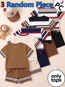 2 Random Pcs Baby Boys New Fashion Comfortable Minimalist Striped Print Short Sleeve, Design Logo Print Top, Spring/Summer Style, Summer Style - White - View 2