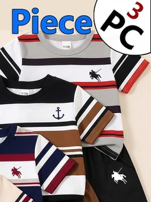 2 Random Pcs Baby Boys New Fashion Comfortable Minimalist Striped Print Short Sleeve, Design Logo Print Top, Spring/Summer Style, Summer Style - White - View 6