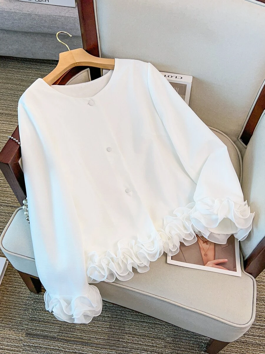 SHEIN CURVE+ 大尺碼優雅純色3D荷葉邊輕量夾克外套 秋季 - 白色 - 查看 1