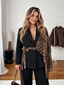 Vionelle Plus Size Women's New Fashion Black Long Sleeve Leopard Print Asymmetric Patchwork Regular Fit Lapel Blazer - Black - View 4