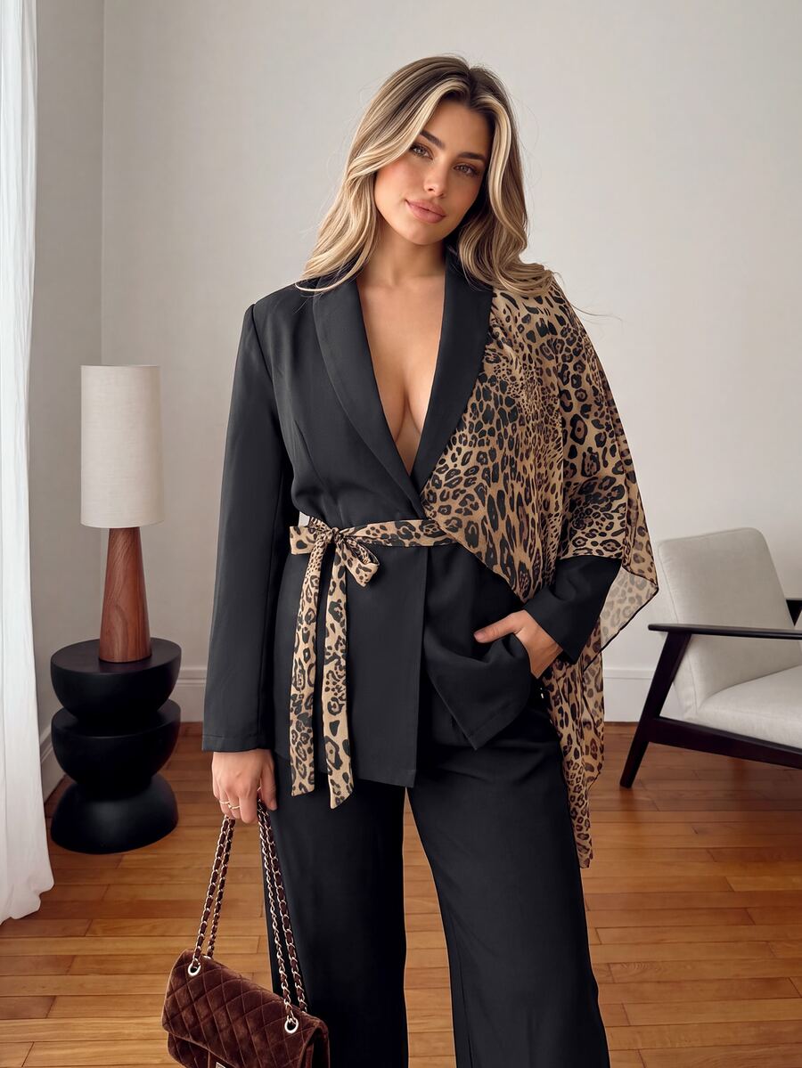 Vionelle Plus Size Women's New Fashion Black Long Sleeve Leopard Print Asymmetric Patchwork Regular Fit Lapel Blazer - Black - View 1