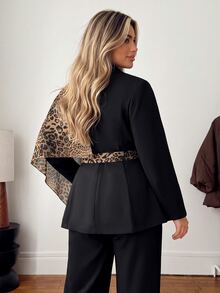 Vionelle Plus Size Women's New Fashion Black Long Sleeve Leopard Print Asymmetric Patchwork Regular Fit Lapel Blazer - Black - View 2