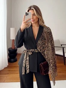 Vionelle Plus Size Women's New Fashion Black Long Sleeve Leopard Print Asymmetric Patchwork Regular Fit Lapel Blazer - Black - View 5