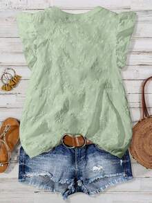 EMERY ROSE Women's Solid Color Floral Embroidery Cap Sleeve Casual Vacation Shirt - Green - View 2