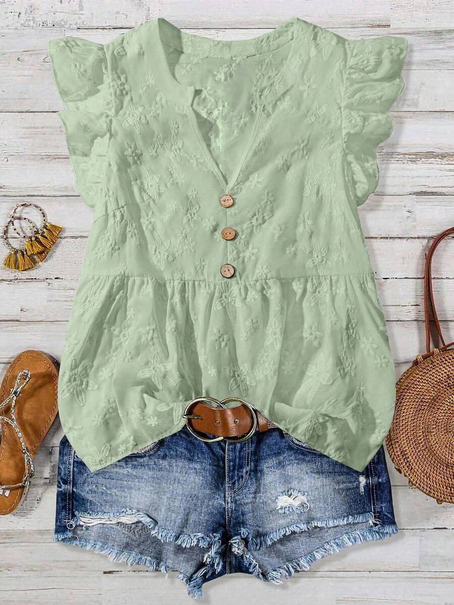 EMERY ROSE Women's Solid Color Floral Embroidery Cap Sleeve Casual Vacation Shirt - Green - View 1