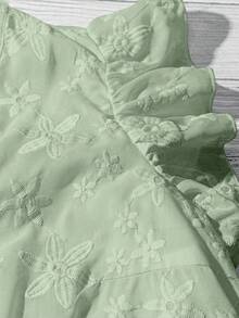 EMERY ROSE Women's Solid Color Floral Embroidery Cap Sleeve Casual Vacation Shirt - Green - View 4