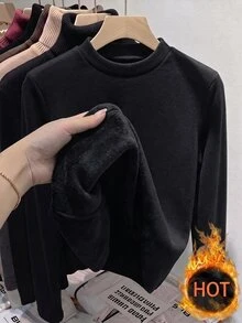 SHEIN Clasi 女款純色圓領長袖休閒極簡基礎針織T恤，日常旅行穿搭，黑色，秋季 - 黑色 - 查看 1