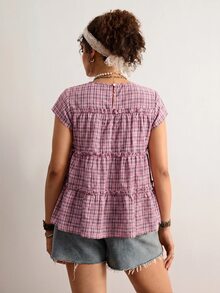 Freevana 大尺碼女款圓領格紋百褶鄉村風仙女風休閒時尚波希米亞度假襯衫 紫色 夏季 正式 生日 - 粉色 - 查看 3