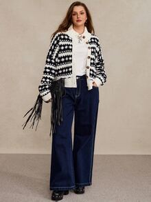Freevana Cardigan de invierno con hombros caídos y estampado geométrico talla grande - Multicolor - Ver 7
