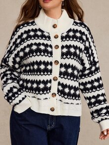 Freevana Cardigan de invierno con hombros caídos y estampado geométrico talla grande - Multicolor - Ver 4