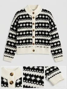 Freevana Cardigan de invierno con hombros caídos y estampado geométrico talla grande - Multicolor - Ver 8