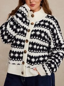 Freevana Cardigan de invierno con hombros caídos y estampado geométrico talla grande - Multicolor - Ver 5