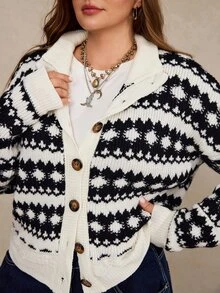 Freevana Cardigan de invierno con hombros caídos y estampado geométrico talla grande - Multicolor - Ver 6