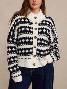 Freevana Cardigan de invierno con hombros caídos y estampado geométrico talla grande - Multicolor - Ver 3