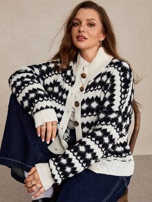 Freevana Cardigan de invierno con hombros caídos y estampado geométrico talla grande - Multicolor - Ver 10