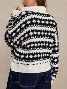 Freevana Cardigan de invierno con hombros caídos y estampado geométrico talla grande - Multicolor - Ver 2