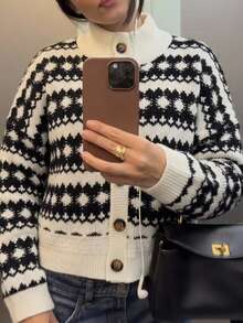 Freevana Cardigan de invierno con hombros caídos y estampado geométrico talla grande - Multicolor - Ver 9