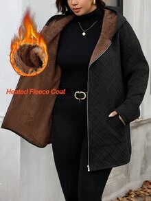 SHEIN Clasi 大尺碼女款純色長袖保暖內裡連帽休閒寬鬆夾克，黑色，適合徒步、冬季度假、教師穿著 - 黑色 - 查看 1