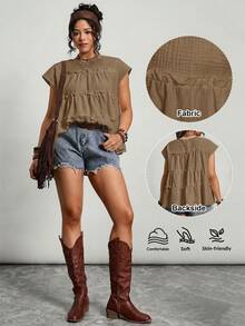 Freevana Plus Size Solid Color Ruffle Collar Casual Summer Shirt - Brown - View 5