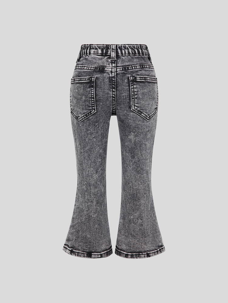 Girls' Black Washed Star Patchwork Distressed Elastic Flare Casual Denim Jeans, Contrast Star Pattern, Ripped Distressed Design, Elastic Waistband, Comfortable Casual Streetwear Long Pants, Suitable For Back To School, Parties, Outdoor, School And Spring/Autumn Daily Wear - Grey - View 2
