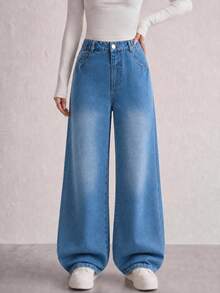 SHEIN Streecool 青少年女孩時尚復古寬鬆寬腿牛仔褲，休閒直筒牛仔褲 秋冬款 - 中等水洗藍 - 查看 1