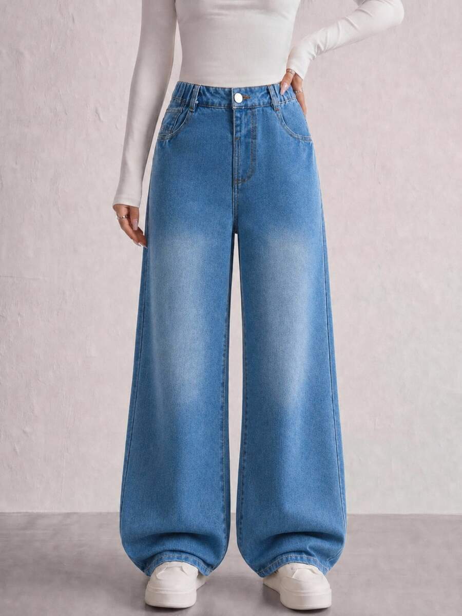 SHEIN Streecool 青少年女孩時尚復古寬鬆寬腿牛仔褲,休閒直筒牛仔褲 秋冬款 - 中等水洗藍 - 查看 1