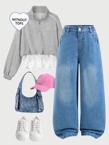 SHEIN Streecool 青少年女孩時尚復古寬鬆寬腿牛仔褲，休閒直筒牛仔褲 秋冬款 - 中等水洗藍 - 查看 4