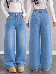 SHEIN Streecool 青少年女孩時尚復古寬鬆寬腿牛仔褲，休閒直筒牛仔褲 秋冬款 - 中等水洗藍 - 查看 3