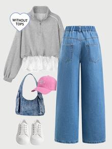 SHEIN Streecool 青少年女孩時尚復古寬鬆寬腿牛仔褲，休閒直筒牛仔褲 秋冬款 - 中等水洗藍 - 查看 2