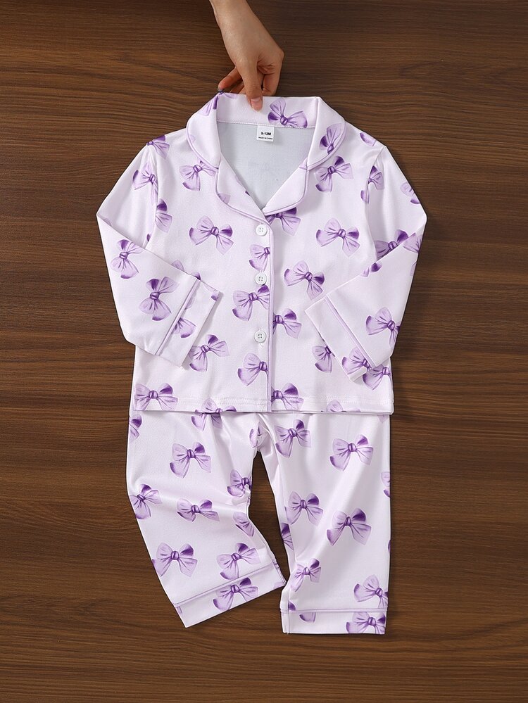 SHEIN Baby Girl Sweet Cute Elegant Soft Skin-Friendly Comfortable Casual Daily Bow Cartoon Print Cardigan Knit Long Sleeve Top And Pants 2 Pieces Set Loungewear - Mauve Purple - View 7