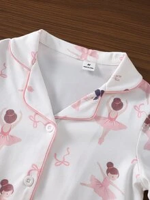 SHEIN 女童甜美可愛優雅休閒日常舒適粉色仙女蝴蝶結卡通印花開襟長袖上衣與長褲2件套居家服 - 彩色 - 查看 5