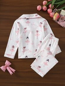 SHEIN 女童甜美可愛優雅休閒日常舒適粉色仙女蝴蝶結卡通印花開襟長袖上衣與長褲2件套居家服 - 彩色 - 查看 2