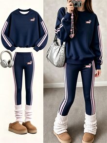 Tween Girls 1 Set Fall Casual Dachshund Puppy Striped Pattern Crew Neck Sweatshirt & Leggings Set, Cozy Winter Outfit - Multicolor - View 3