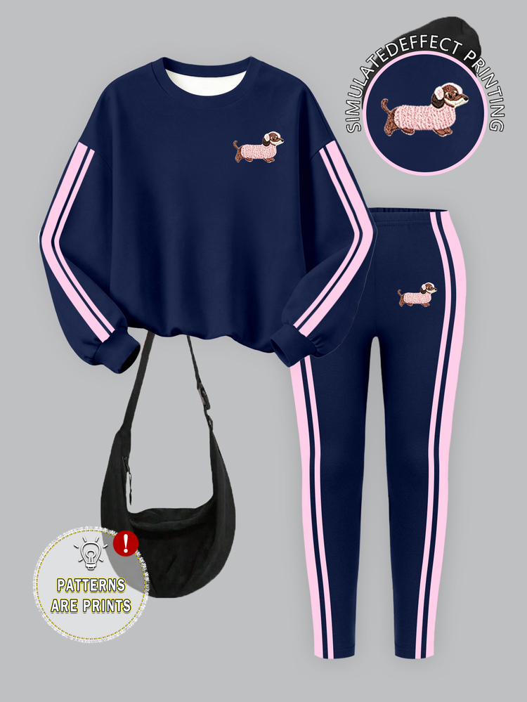 Tween Girls 1 Set Fall Casual Dachshund Puppy Striped Pattern Crew Neck Sweatshirt & Leggings Set, Cozy Winter Outfit - Multicolor - View 4