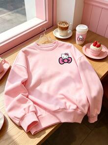 HELLO KITTY AND FRIENDS | SHEIN 青少年女孩淺粉色正反面印花圓領衛衣，蝴蝶結卡通圖案寬鬆長袖休閒春秋套頭上衣，女孩子返校穿搭 - 粉色 - 查看 3