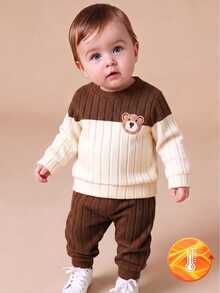 SHEIN Playful Pals 2pcs Baby Boy Sweatshirt Pants Cute Brown Beige Bear Applique Ribbed Knit Colorblock Long Sleeve Round Neck Soft Casual Winter Fall Autumn Christmas - Brown - View 7