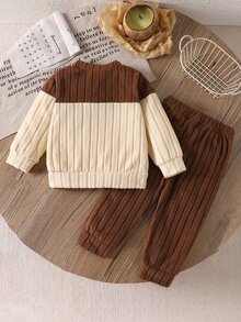 SHEIN Playful Pals 2pcs Baby Boy Sweatshirt Pants Cute Brown Beige Bear Applique Ribbed Knit Colorblock Long Sleeve Round Neck Soft Casual Winter Fall Autumn Christmas - Brown - View 2