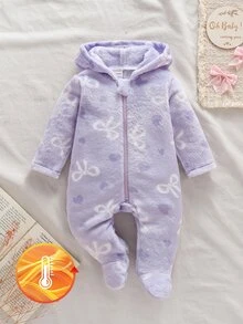 Vintaside Kids 1件新生女嬰連帽連腳連身衣 可愛公主風 紫色 3D蝴蝶結愛心印花 長袖 加厚 戶外 秋冬萬聖節穿著 - 淡紫色 - 查看 6