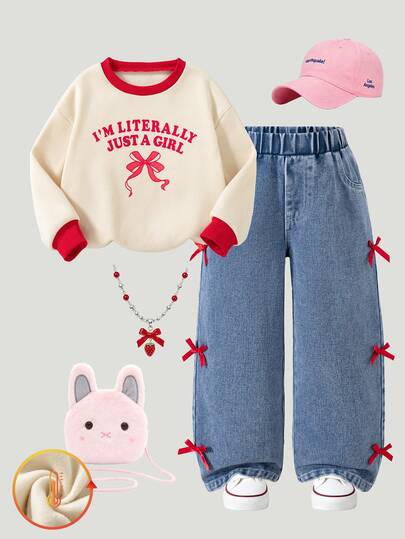 SHEIN ChillGRL 2pcs/Set Autumn/Winter Korean Style Back To School Long Sleeve Sweatshirt And Denim Jeans Set, Young Girls English Letter & Bow Print Colorblock Round Neck Top With Side 3D Red Bow Loose Straight Leg Jeans, American Vintage Sweet Cool Casual Outwear Campus Thermal Lined Thickened Fashion Young Girls Clothing