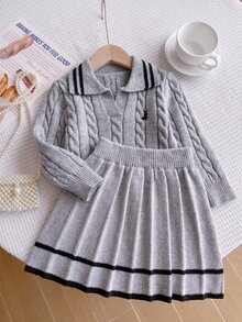 SHEIN Setelan Rajut 2 Potong Warna Pink untuk Anak Perempuan, Sweater Kelinci Bordir Lucu + Rok Mini Rajut, Pullover Lengan Panjang Leher V dengan Detail Tali Kepang, Gaya Kasual Elegan untuk Musim Gugur/Dingin - Grey - View 3