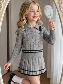 SHEIN Setelan Rajut 2 Potong Warna Pink untuk Anak Perempuan, Sweater Kelinci Bordir Lucu + Rok Mini Rajut, Pullover Lengan Panjang Leher V dengan Detail Tali Kepang, Gaya Kasual Elegan untuk Musim Gugur/Dingin - Grey - View 1