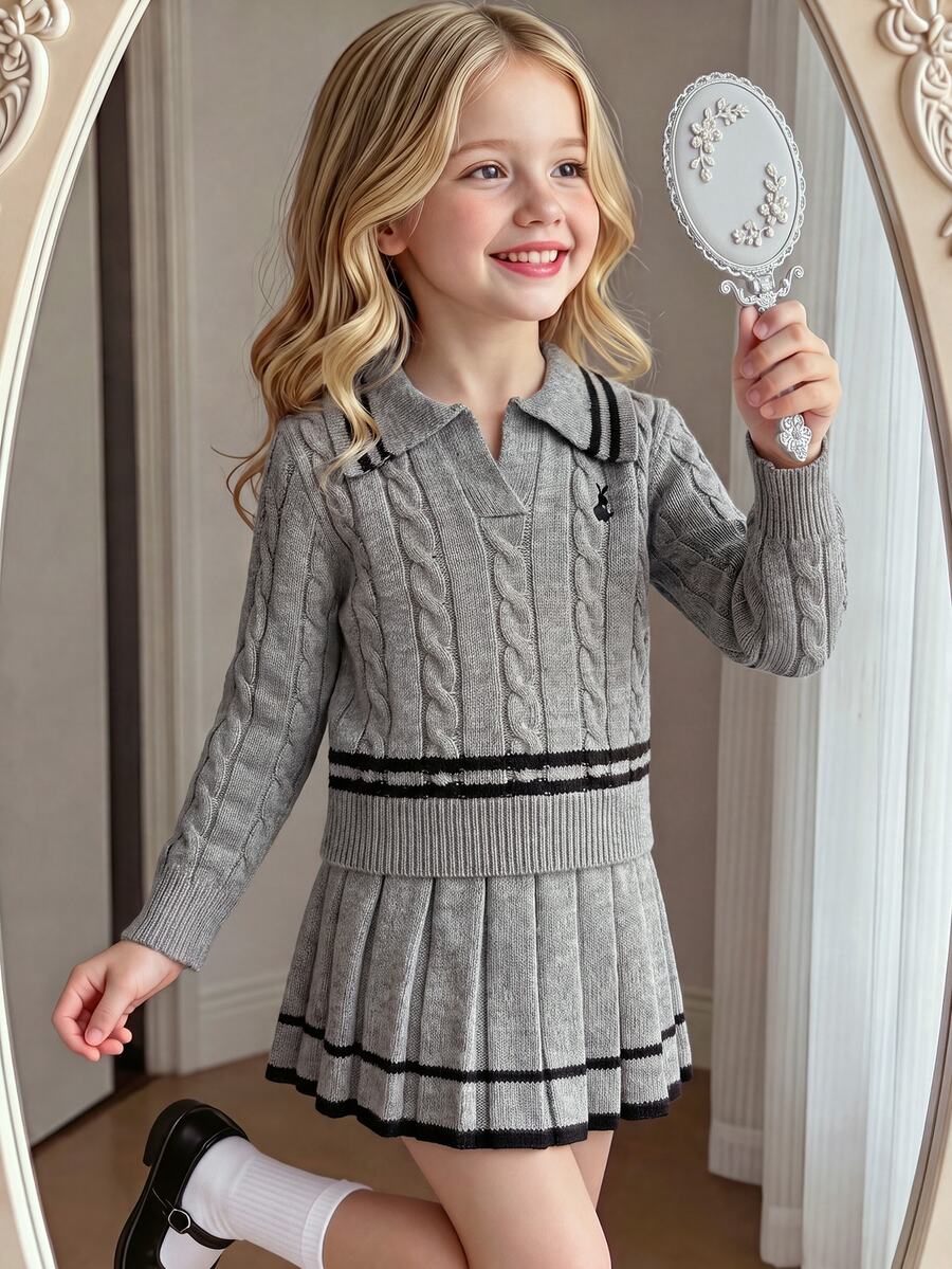 SHEIN Setelan Rajut 2 Potong Warna Pink untuk Anak Perempuan, Sweater Kelinci Bordir Lucu + Rok Mini Rajut, Pullover Lengan Panjang Leher V dengan Detail Tali Kepang, Gaya Kasual Elegan untuk Musim Gugur/Dingin - Grey - View 1