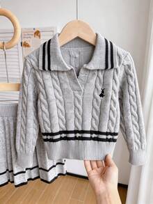 SHEIN Setelan Rajut 2 Potong Warna Pink untuk Anak Perempuan, Sweater Kelinci Bordir Lucu + Rok Mini Rajut, Pullover Lengan Panjang Leher V dengan Detail Tali Kepang, Gaya Kasual Elegan untuk Musim Gugur/Dingin - Grey - View 5