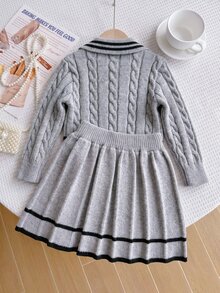 SHEIN Setelan Rajut 2 Potong Warna Pink untuk Anak Perempuan, Sweater Kelinci Bordir Lucu + Rok Mini Rajut, Pullover Lengan Panjang Leher V dengan Detail Tali Kepang, Gaya Kasual Elegan untuk Musim Gugur/Dingin - Grey - View 2